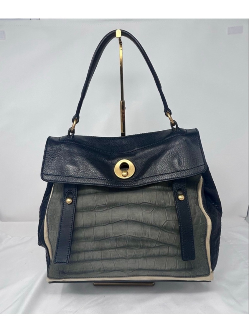 YSL Muse Two Black Pebbled & Gray Croc Embossed Leather Satchel